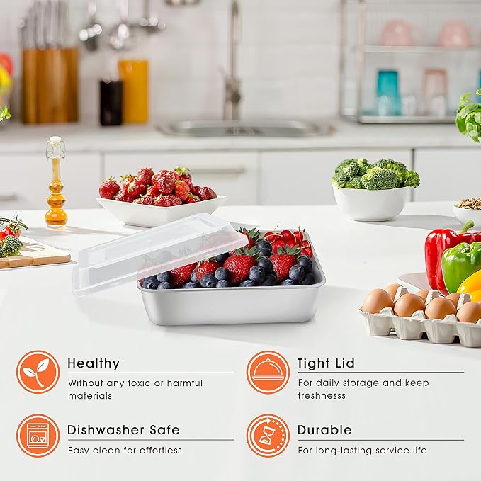 Herogo Baking Pan with Lid(2 Pans + 2 Lids), 9''x 9'' Stainless Steel Nonstick Square Deep Cake Pan, Rectangle Cakes Bakeware for Brownies Casseroles, Non Toxic & Dishwasher Safe, Set of 2