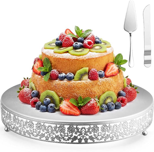 Wenqik 16 Inch Silver Cake Stand Set Metal Round Cupcake Dessert Stand with Cake Cutting, Flower Spatula Wedding Cupcake Pastry Display Candy Holder Display for Wedding Party Birthday Baby Shower