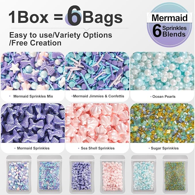 HUEBEATY 6-in-1 Mermaid Sprinkles Set – 180g Edible Mermaid Sprinkles & Seashell Cake Decorations, Under the Sea Ocean Sprinkles for Cake Decorating, Cupcakes, Cookies, Ice Cream & Summer Desserts
