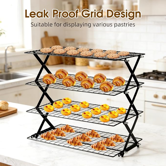 4 Tier Collapsible Cooling Rack - 3 Setting Design, Adjustable Stackable Wire Cooling Racks for Baking, Outdoor Camping Picnic Shelf, Wire Cooling Rack for Baking, Cookies, Cake, BBQ, Drying Rack