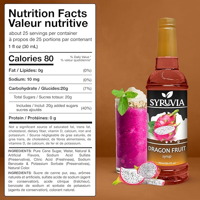 Syruvia Dragon Fruit Syrup, Flavored Syrup for Drinks, Lemonades, Iced Teas, and Desserts – 25.4 fl oz - with Pump