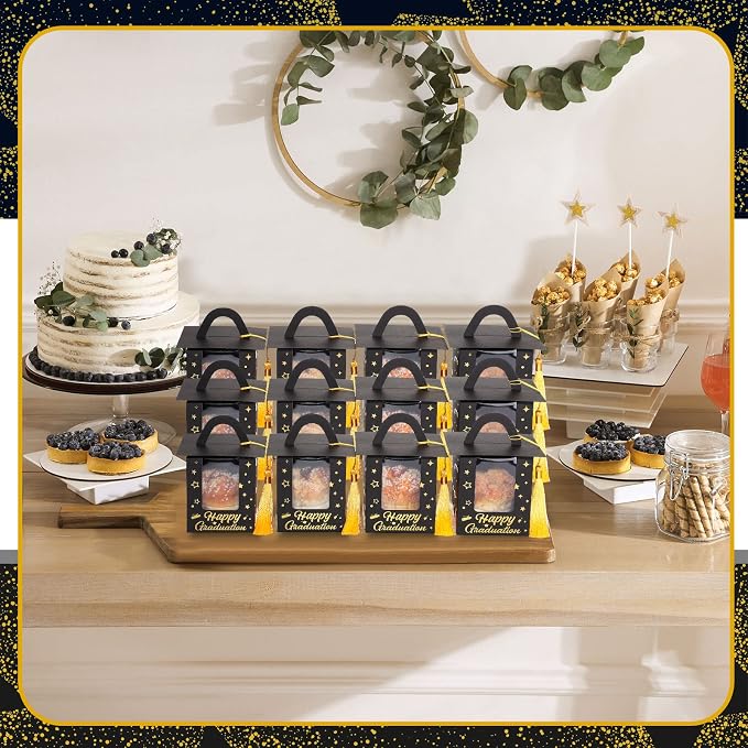 Outus 30 Pcs Graduation Cupcake Boxes Graduation Gift Box Congrats Grad Cupcake Container Candy Boxes with Window and Tassel for 2026 College High School Grad Party(Black)