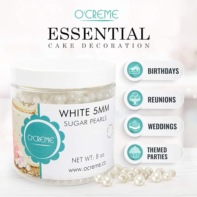O'Creme White Edible Sugar Pearls Cake Decorating Supplies for Bakers: Cookie, Cupcake & Icing Toppings, Beads Sprinkles For Baking, Certified, Candy Sugar Ball Accents (10mm, 32 Oz)