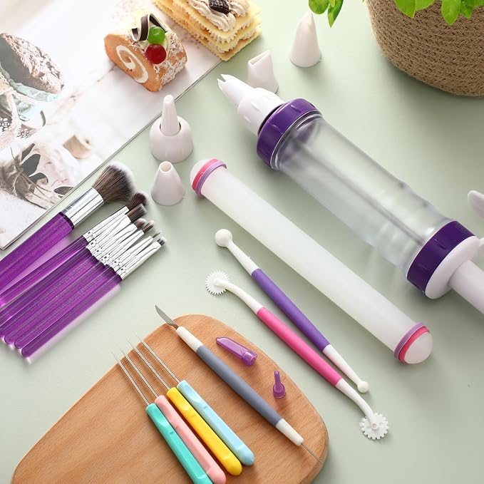 Tatuo 16 Pcs Cake Decorating Tool Set Include Dessert Decorating Syringe Cookie Decoration Brushes Sugar Stir Needle Scriber Fondant Paste Tool Rolling Pin for Cookie Cake Supplies