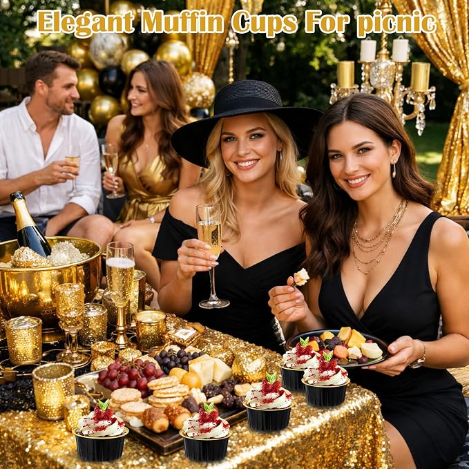 Gejoy 600 Pcs Aluminum Foil Baking Cups with Lids 5 oz Disposable Ramekins Mini Cake Pans Creme Brulee Cupcake Liners Muffin Dessert Container for Wedding Birthday Party (Classic,Black and Gold)