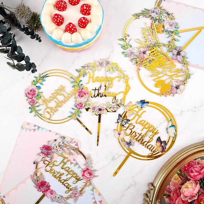 Jetec 6 Pieces Happy Birthday Cake Toppers Gold Flower Acrylic Cupcake Cake Toppers for Various Birthday Party Anniversary Pastries Decorations