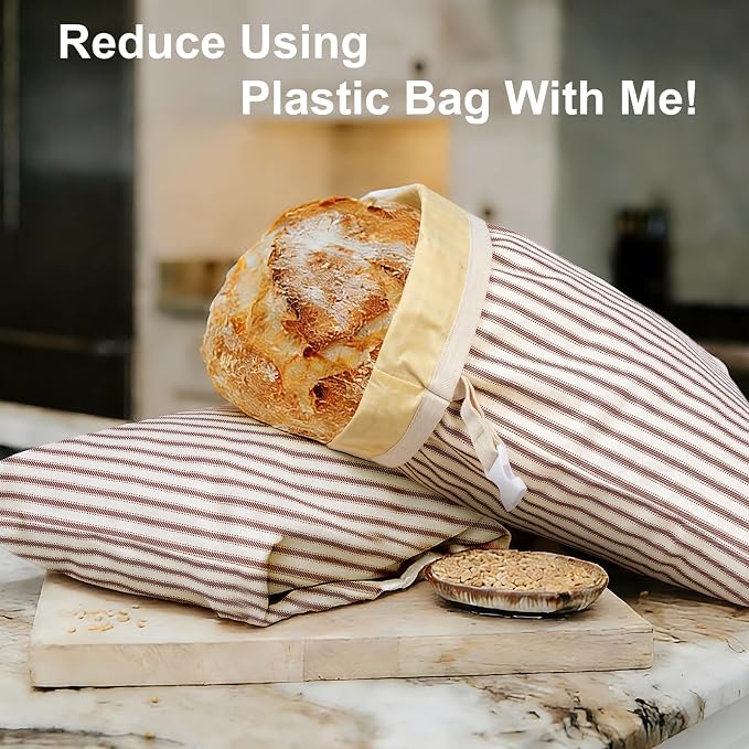 Stripe Reusable Beeswax Bread Bags for Homemade Bread & Sourdough, 2-Pack XL Airtight Food Storage Bags, Organic Cotton Linen Covers - Freezer-Friendly Freshness Preservation Keeps Fresh Longer