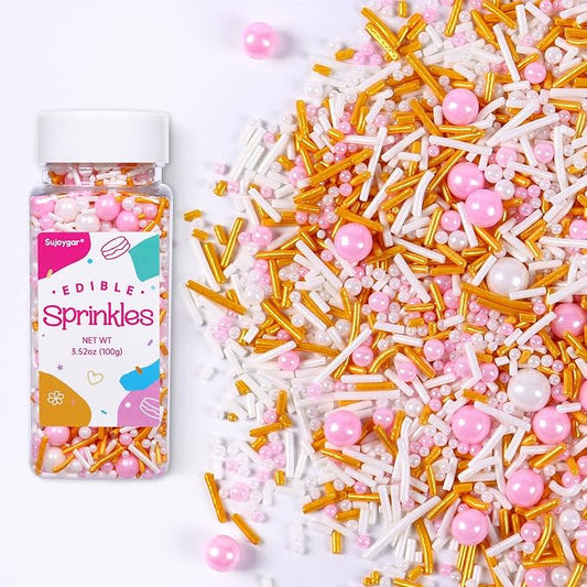 Pink White and Gold Sprinkles, 3.52oz Edible Pink Sprinkles for Cake Decorating Cupcakes Baking Ice Cream Cookie Wedding Valentines Party Decoration