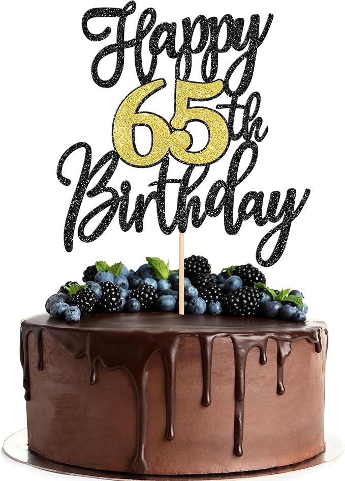 1 PCS Happy 65th Birthday Cake Topper Black Gold Glitter Cheers to 65 Years Birthday Cake Pick 65 Fabulous Cake Decoration for Happy 65th Birthday Anniversary Party Decorations Supplies