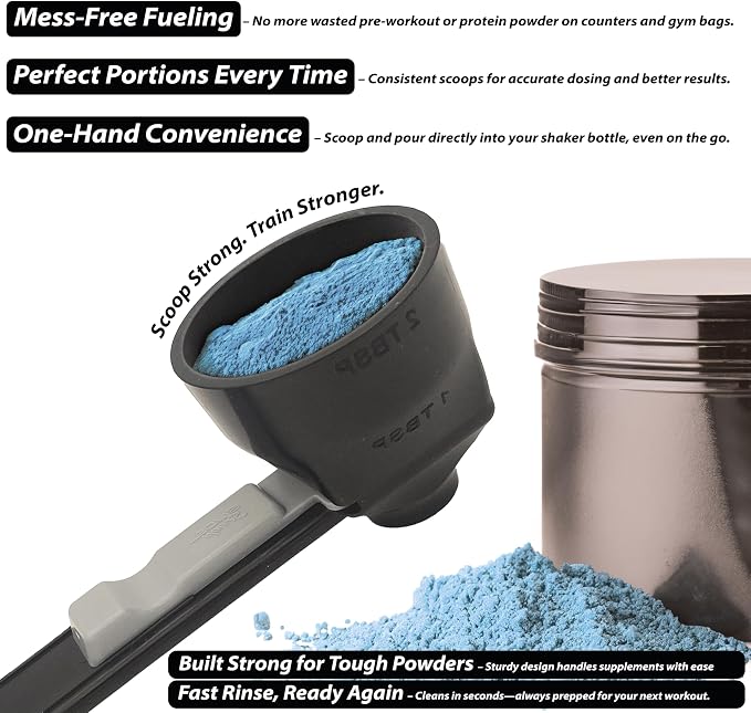 the original measuring scoop + funnel No spill preparation of protein powder, workout & sports drinks, baby formula & kcup refill Mess & Spill free - (Set of 1 & 2 Tablespoon) Black Scoop