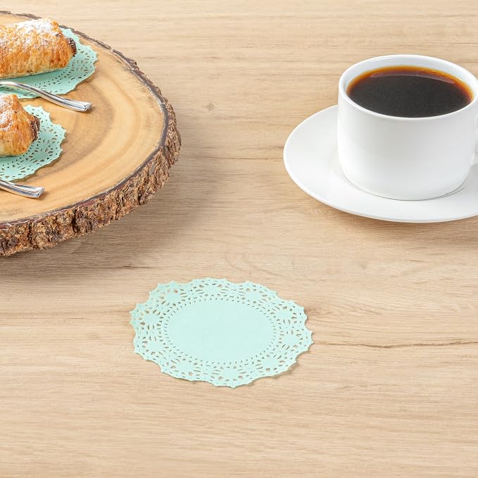 Pastry Tek 4 x 4 Inch Paper Lace Doilies, 4000 Disposable Table Doilies - Elegant Lace Finish, Long Lasting, Teal Paper Doily, for Pastries, Cupcakes, Desserts - Restaurantware