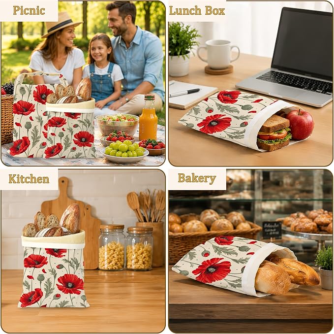 2 Pack Beeswax Red Poppy Bread Bags for Sourdough Homemade Breads, Reusable Beeswax Bread Floral Leaves Storage Bag, Keep Loaves Fresh Longer, Freezer Safe & Airtight, Zero Waste 17 x 13''