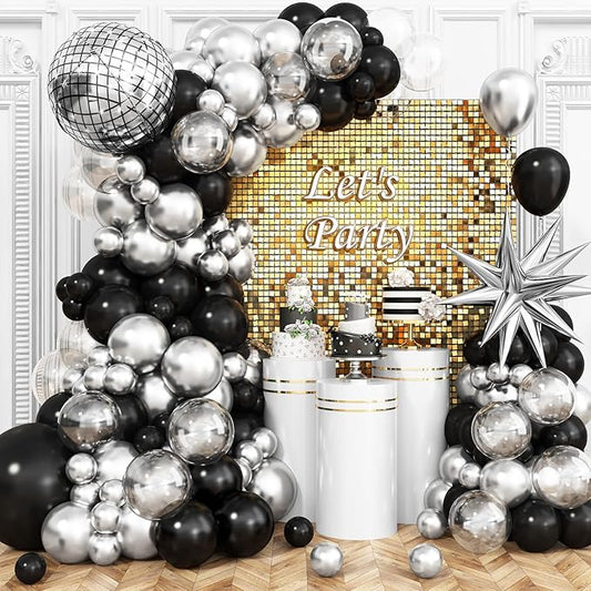 Black Silver Disco Ball Balloons Arch Kit, Black Silver Clear Balloons Garland with Large Disco Balls and Explosion Star Foil Balloons, for Disco Dance Diamond Birthday Graduation New Year Decoration