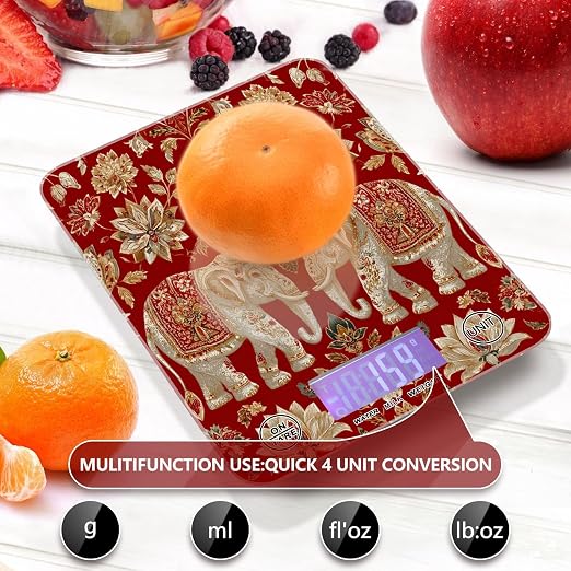 Food Scale Kitchen Scale Food Weight Scales Digital Weight Grams and Ounces Small Electronic Food Scale for Baking Cooking Red Retro Elephant Flowers