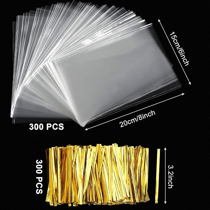 Augshy Cake Pop Bags, 300 Pcs 6x8" Treat Cello Bags with 300 Twist Ties | OPP Plastic Bag for Gifts Wrapping,Individual Resealable for Lollipop Candy Chocolate Dessert Cookie Wrapping Buffet
