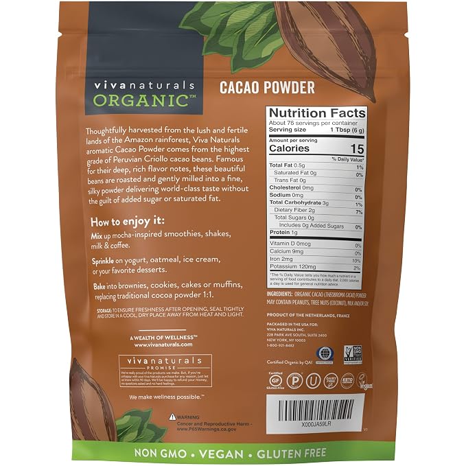 Organic Cacao Powder, Unsweetened, 1 lb (454 g) – Rich Dark Chocolate Flavor, Perfect for Baking, Smoothies & Hot Chocolate – Vegan, Keto, Paleo, Non-GMO & Gluten-Free Cocoa Powder