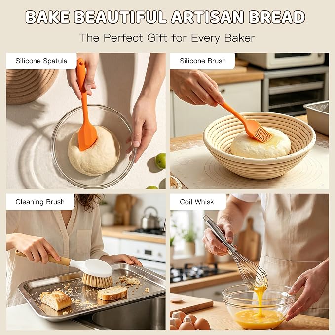 Sourdough Starter Kit - 10 Inch Round Sourdough Proofing Basket with Linen Liner, Handmade Dough Rising Bowl for Artisan Bread Making, Fermentation Tool for Home Bakers - Complete Kit with Scraper