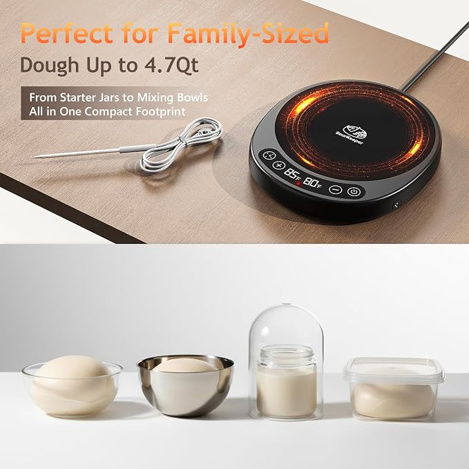 SourKeeper, Larger 2-in-1 Sourdough Starter Warmer Pro - 2026 Upgrade Larger Heating Plate, Dough Temp Probe, 1°F Control (70–110°F), 24H Timer, Real-Time Monitoring Black