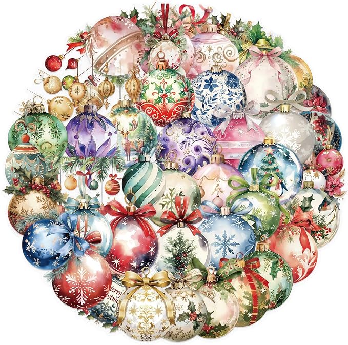 50Pcs Transparent Christmas Ball Stickers for PET Christmas Holiday Stickers Vintage Craft Sticker Colorful Sticker for Journaling Scrapbooking Guitar Clear Flowers Decals Festival Items (SD Ball)