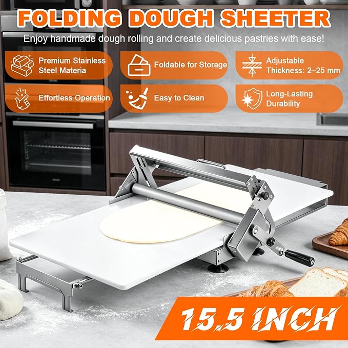 15.5" Folding Dough Sheeter, Manual Dough Roller Machine, Stainless Steel Adjustable Thickness 2-25mm, Countertop Dough Sheeter for Home and Commercial Use