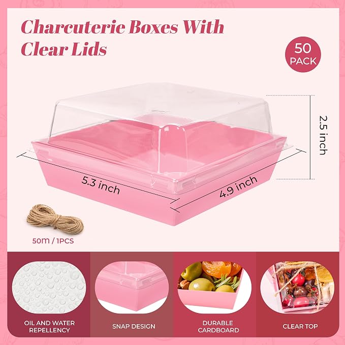 50 Pack Pink Treat Charcuterie Boxes 5.3x4.9x2.5in for Favor Tables | Good for strawberries, cookies, sweets or decorated treats that need a neat reveal.
