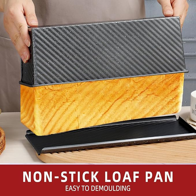 Axim Loaf Pan with Lid,2.2lb Carbon Steel Bread Pan with Slide Cover,Pullman Bread Mould Loaf Tin for Baking Homemade Sourdough & Sandwich Bread (Black)