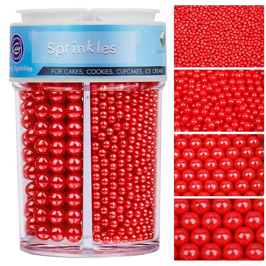Sprinkles for Cake Decorating, Red Pearl Sprinkles 4 Sizes Mix for Cake Cupcake Cookie Baking Donuts Ice Cream Toppings