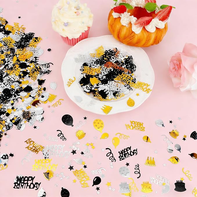 Birthday Confetti, Happy Birthday Party Glitter Table Confetti, 60g Black Gold Metallic Foil Cake Balloon Confettis Sprinkles Table Centerpiece for Baby Shower Party Decorations DIY Arts and Crafting