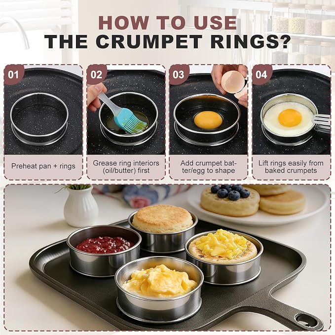 16Pcs Crumpet Rings Set, 4 & 3.15 Inch Nonstick English Muffin Rings, Stainless Steel Double Rolled Tart Ring, Round Metal Pastry Ring Molds for Baking Cake Dessert Food Making Tool