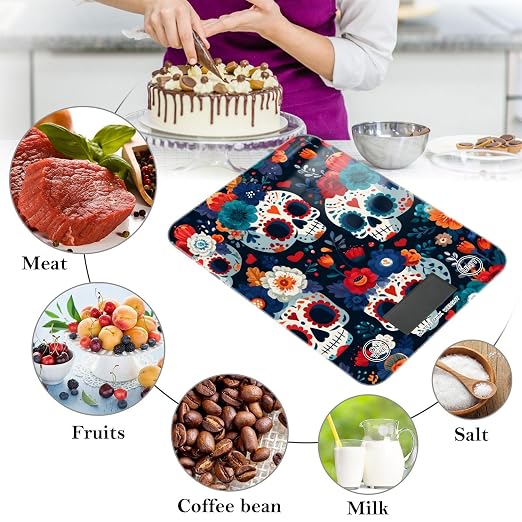 Food Scale Kitchen Digital Scale Food Ounces and Grams Dieting Baking Cooking Waterproof Glass Panels LCD Display,4 Units Scale Tare Function Some Blue Skull Halloween