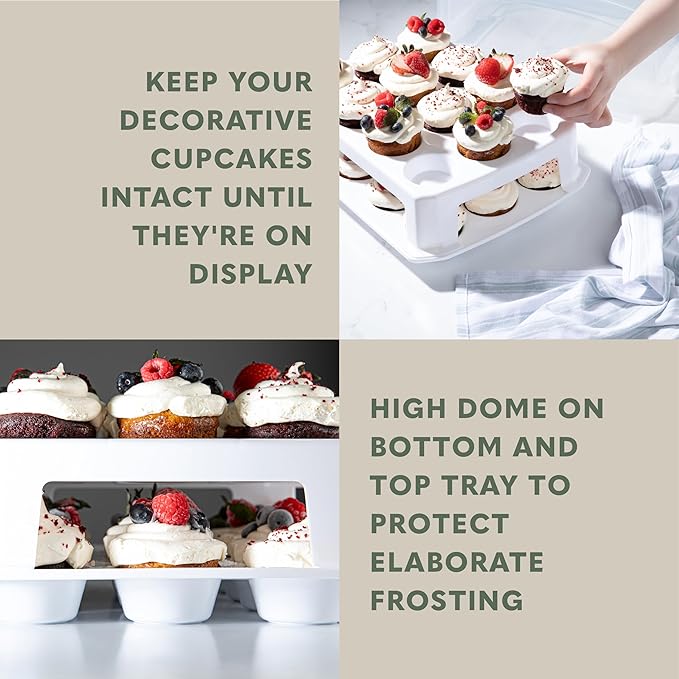 EXTRA TALL DOME Cupcake Carrier, White Cupcake Holder Carries 24 Cupcake Storage Container, Muffin Traveler Two Tier Stand Reusable Cupcake Box