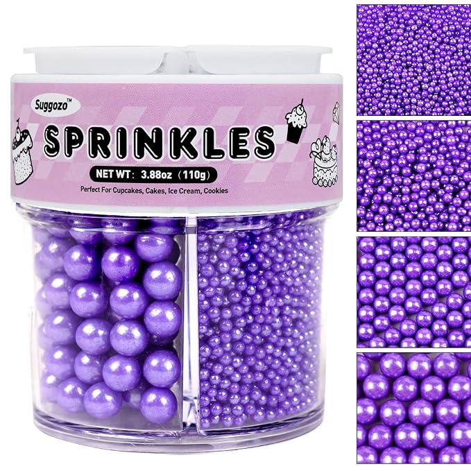 Purple Sprinkles for Cake Decorating, 110g/3.88oz Purple Pearl Sprinkles 4 Sizes Mix for Cake Cupcake Cookie Baking Donuts Ice Cream Toppings