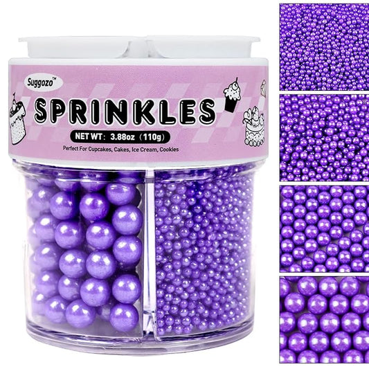 Purple Sprinkles for Cake Decorating, 110g/3.88oz Purple Pearl Sprinkles 4 Sizes Mix for Cake Cupcake Cookie Baking Donuts Ice Cream Toppings