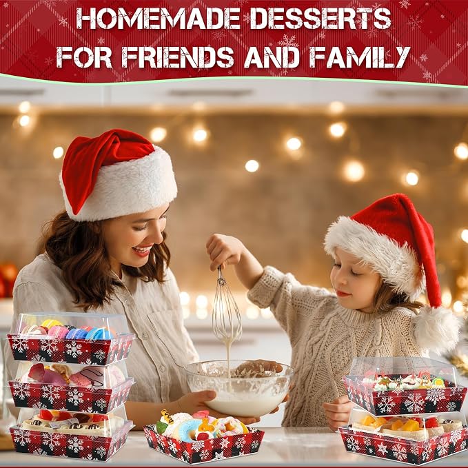Potchen 50 Pack Bakery Boxes with Clear Lids, Disposable Charcuterie Treat Boxes for Cookies, Donuts, Cupcakes, Candy and Mini Cake, Party Favor for Wedding and Gift Giving (Red and Black Snowflakes)