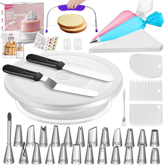 Syntus 65 PCs Cake Decorating Kit with Cake Stand Turntable, Cake Baking Supplies 30+1 Piping Bags, 24 Piping Tips, Offset & Straight Spatulas, 3 Scrapers, Leveler, 2 Couplers & 1 Tips Brush