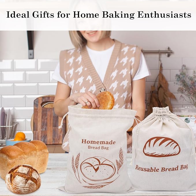 2 Pack Reusable Linen Bread Storage Bags with Plastic Lining, Sourdough Bread Keeper for Home Bakers, 12x15 Inch (2 patterns)