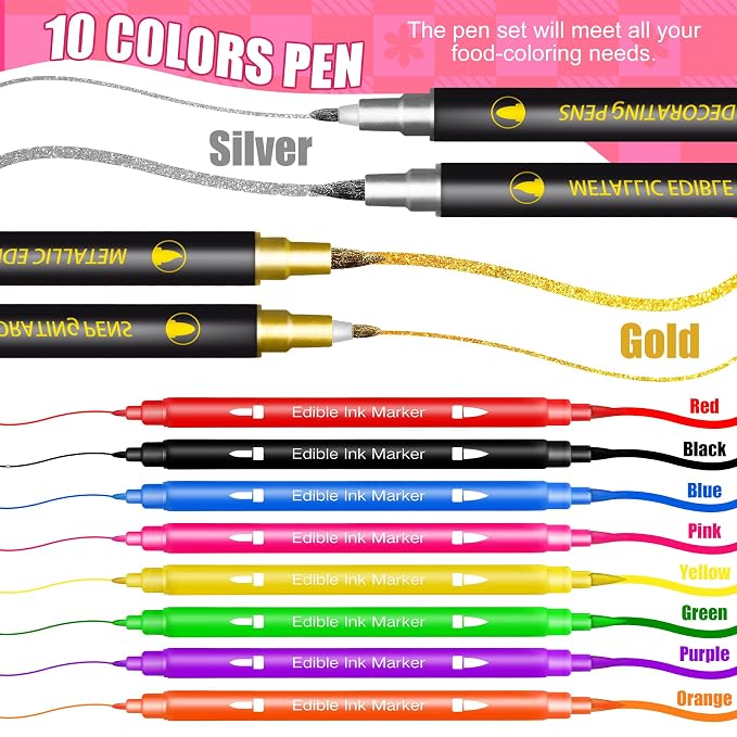 Edible Markers - 10 pcs Dual Sided Food Coloring Pens with Fine ＆ Thick Tip, Edible Food Safe Paint for Cake Decorating, Cookies, Fondant, Frosting, Icing, Easter Eggs, Food Grade Gourmet Writers