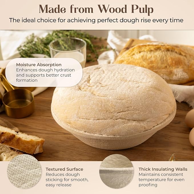 Wood Pulp Banneton Bread Proofing Basket – 9" Round 1.5LB Brotform, Grooved Pattern – Non-Stick Natural Wood Pulp Pressed for Durability – Made in Germany Proofing Baskets for Sourdough Bread Baking