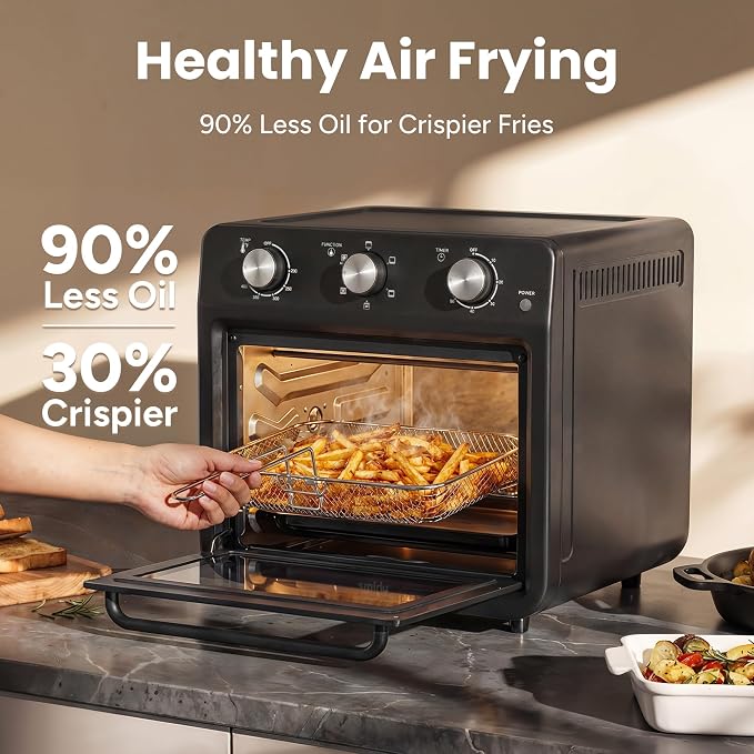 SMIRLY 6-in-1 Air Fryer Toaster Oven Combo, 27QT Convection Oven Countertop, 1800W Oven for Toast, Roast, Bake, Reheat, Broil, Warm, Fits up to a 4 lb Turkey, 12" Pizza, 6 Toast, Black