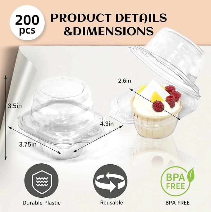 WIKDAY 200 Pack Individual Cupcake Containers, Plastic Cupcake Boxes with Lids, Stackable and Reusable, Clear Design for Cupcakes, Muffins, Donuts, Salad Storage