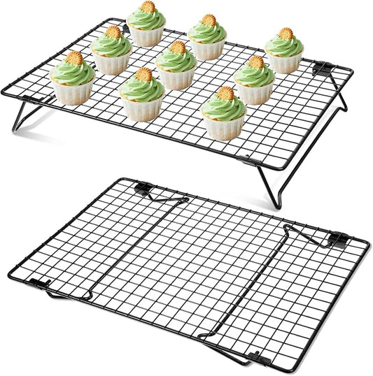 2 Pcs Cooling Racks for Baking 13.38 x 9.57 Inch Stackable Cookie Cooling Racks with Folding Legs Black Wire Rack for Cooking Roasting Drying Grilling