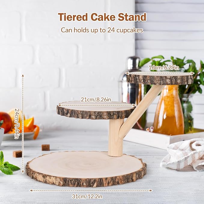 GENMOUS Wooden Farmhouse Style Cake Stand - Multifunctional 3-Tired Wedding Cake Stand Wood & Display Serving Tray Platter, for Appetizers Desserts Charcuterie Board