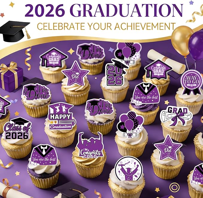 48pcs Edible 2026 Graduation Cupcake Toppers Wafer Paper Purple Class of 2026 Cake Decorations Edible Congrats Grad Cupcake Picks for 2026 Graduation Theme Party Cake Supplies