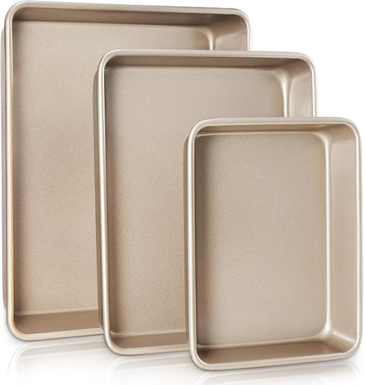 HONGBAKE Deep Baking Pans Set for Oven, Nonstick Rectangle Sheet Cake Pans for Baking, 13/11/9 Inch Rectangular Oven Tray for Cooking Brownie Lasagna, Stackable Multi-Depth Bakeware, Golden
