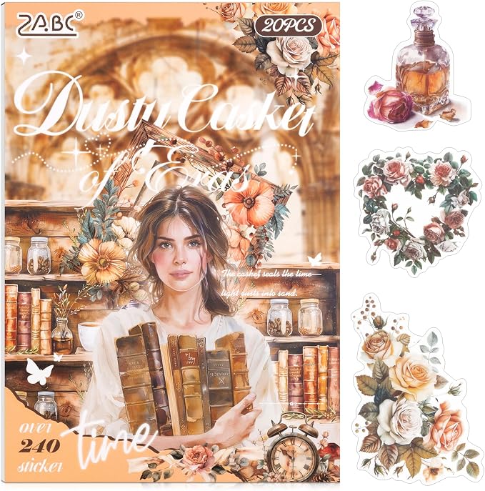 Dust-Locked Time Sticker Scrapbooking Supplies for Junk Journal, 20 Sheets PET Stickers - Vintage Journaling Stickers