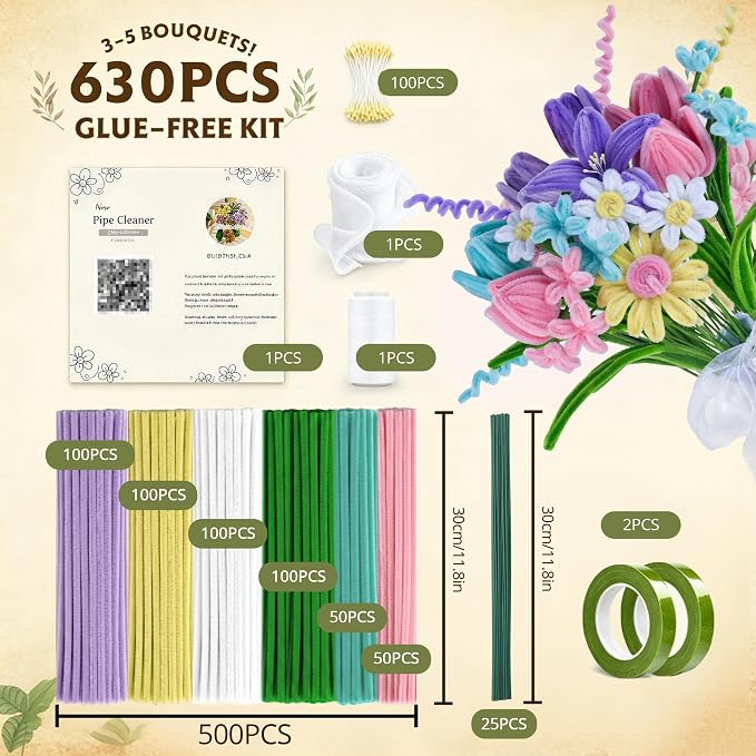 LENYNAL 500 Pcs Pastel Pipe Cleaners Bulk Craft, Macaron Pipe Cleaner Flower Kit, Glue-Free & Safe for Kids, Step-by-Step Tutorial, 6 Colors Chenille Stems for Flower Making