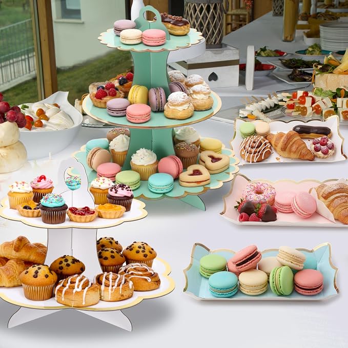 12 Pcs Tea Party Cupcake Stand Decorations Spring Cardboard Cupcake Tower 4 3-Tier Cake Stands 3 2-Tier Cake Holders 5 Trays for Flower Tea Party Princess Birthday Wedding Supplies(Classic)