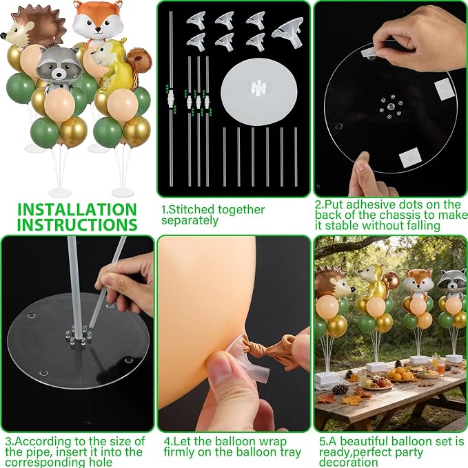 4 Sets Vbs Woodland Animals Party Balloons Stand Kit with Hedgehog Raccoon Fox Squirrel Foil Balloons Sage Green Brown Balloon Centerpiece for Tables for Forest Safari Jungle vbs Birthday Party Decor