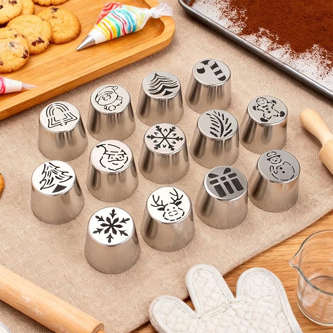 13 Pcs Extra Large Christmas Theme Icing Tips Set with10 Disposable Pastry Bags,1 Small Russian Flower Tip,1 Cleaning Brush for Cake Decoration,Cream Baking Tools