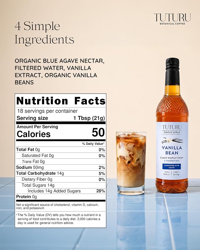 Vanilla Bean Agave Simple Syrup for Coffee & Cocktails - Sweetened with Organic Agave Nectar - Infused with Real Vanilla Bean - 36 oz